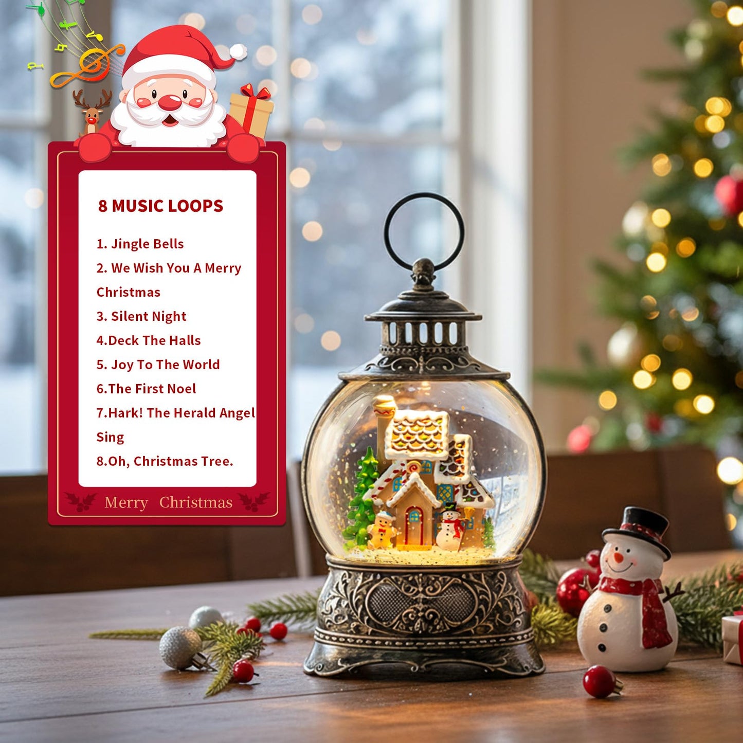 10" Christmas Snow Globes Lantern, Sparkling Musical Snowman Gingerbread House Lanterns, USB and Battery Powered Christmas Home Tabletop Decorations Gift