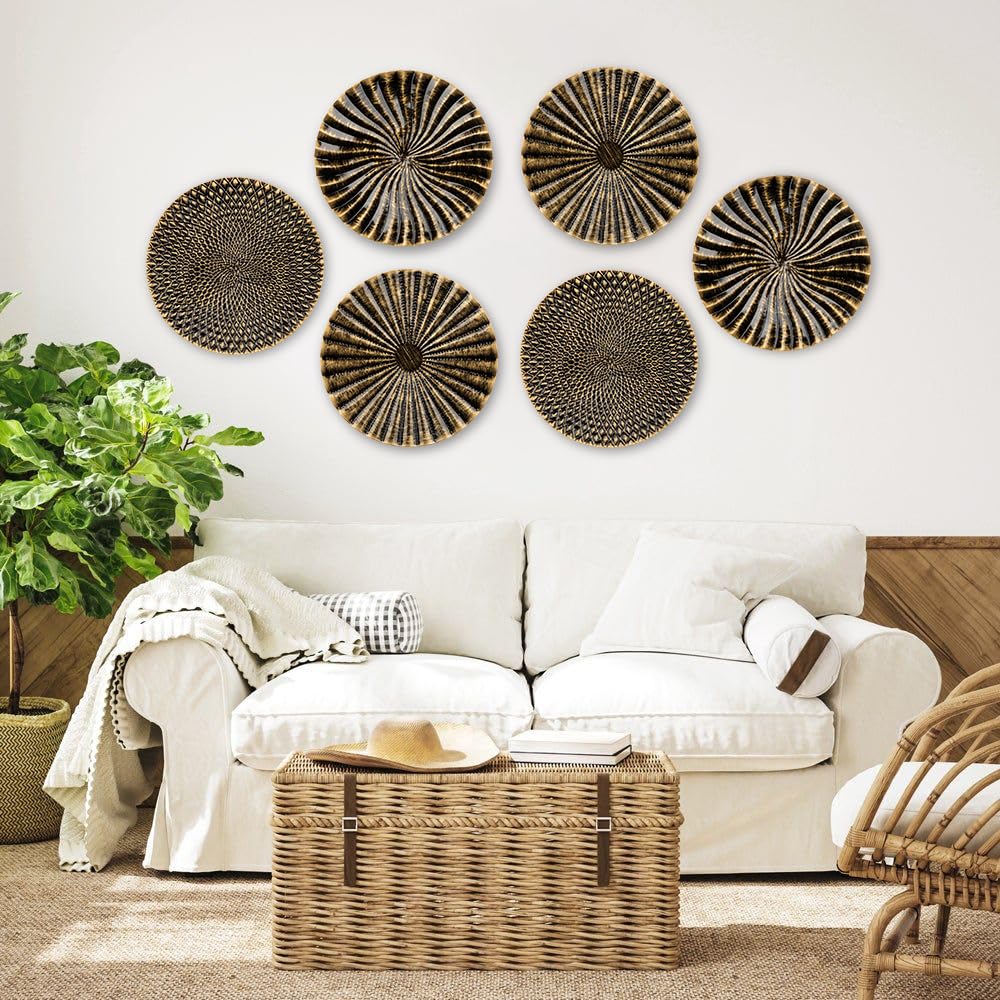 Briful 12" Wall Décor Pack of 3 Metal Gold & Black Washed Starbursts Radial Plate Wall Art Modern Accent Hanging Wall Decorations For Home Office Bedroom Or Living Room Wall Sculptures