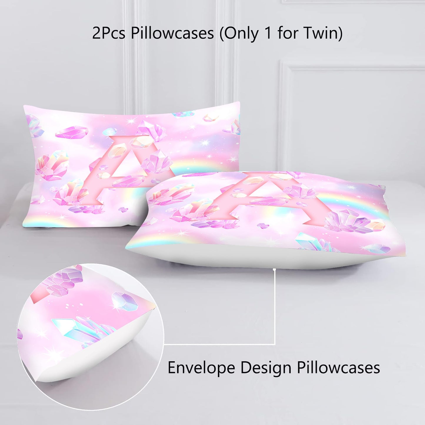 VTKON Pink Crystal Comforter Set for Kids Girls Full Size 3 Piece Initial Letter A Bedding Set Glitter Rainbow Alphabet Bed Sets Sparkle Gemstone Bedroom Decor with 2 Pillow Cases