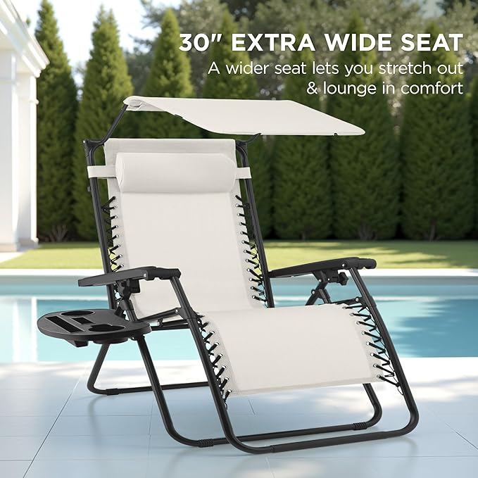 Best Choice Products 30” Wide Folding Zero Gravity Outdoor Recliner Patio Lounge Chair w/Adjustable Canopy Shade, Headrest, Side Accessory Tray - Ivory