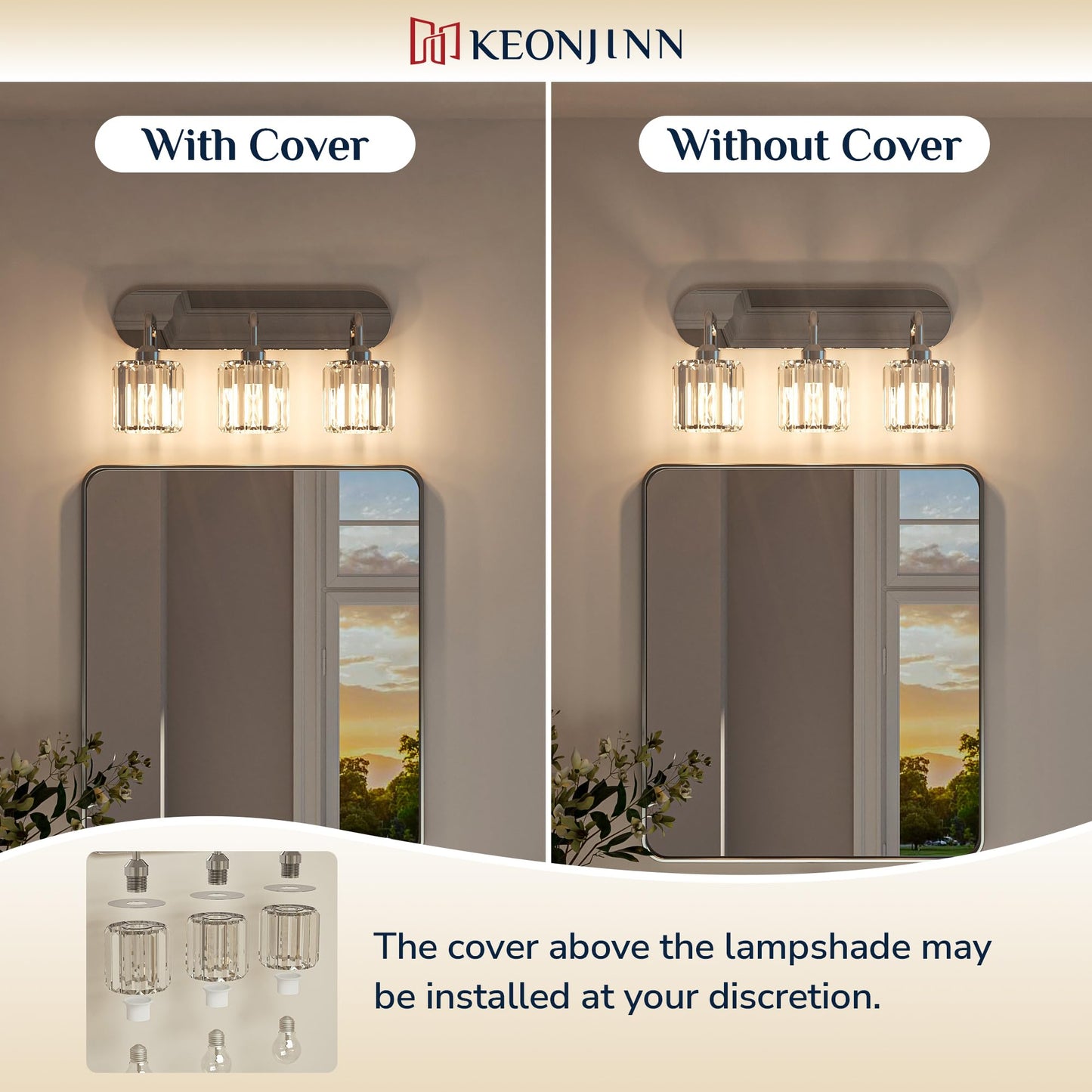 Keonjinn 5-Light Bathroom Light Fixtures, Crystal Chrome Bathroom Vanity Lights Over Mirror, Vanity Lighting Fixtures with Crystal Square Shades (E26 Socket, Exclude Bulb)