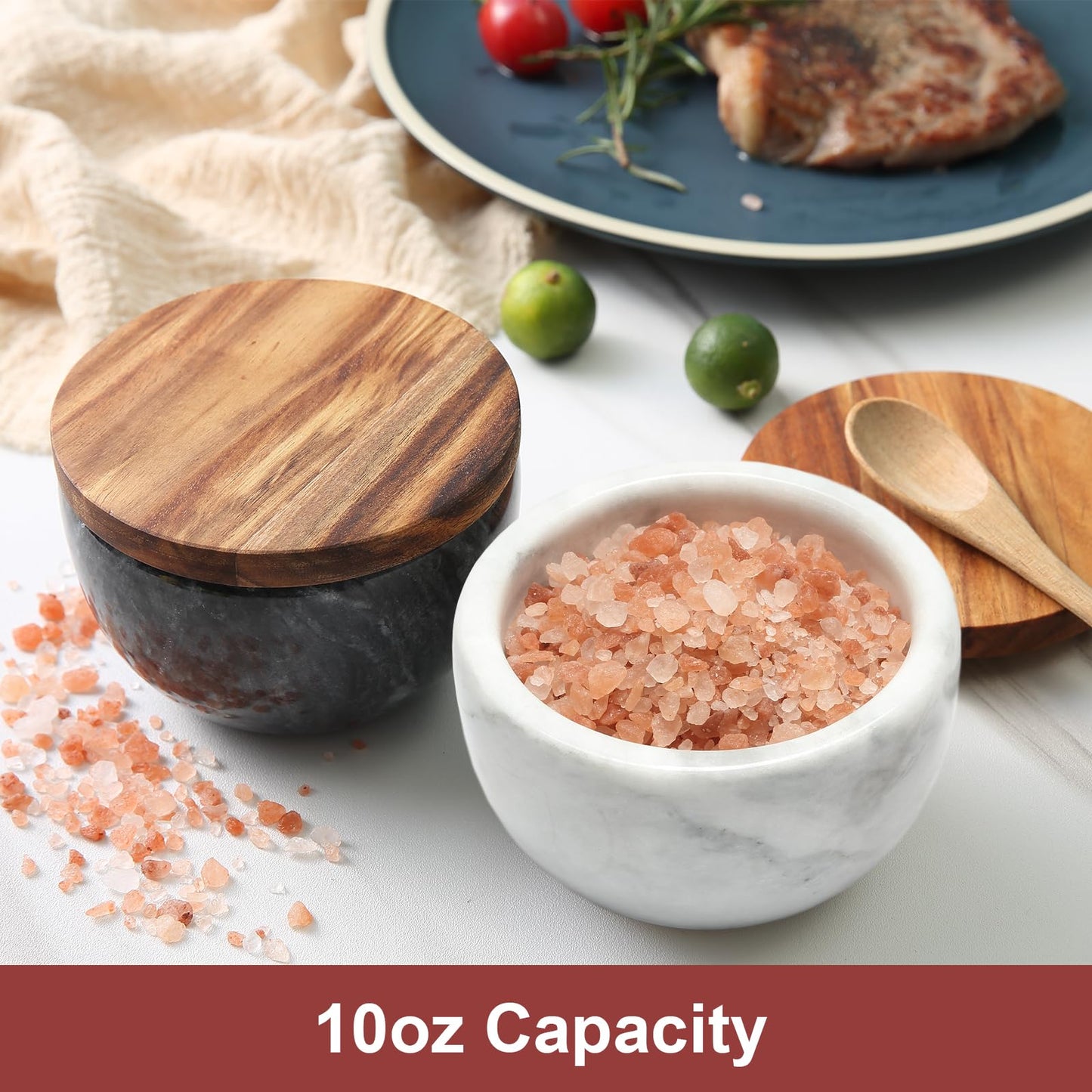 jalz jalz Marble Salt Cellar Pinch Pot - Heavy Non-Slip Salt Bowl with Acacia Wood Cover and Spoon - 10oz Capacity Spice Storage Natural Marble Salt Box with Sustainable Acacia Lid