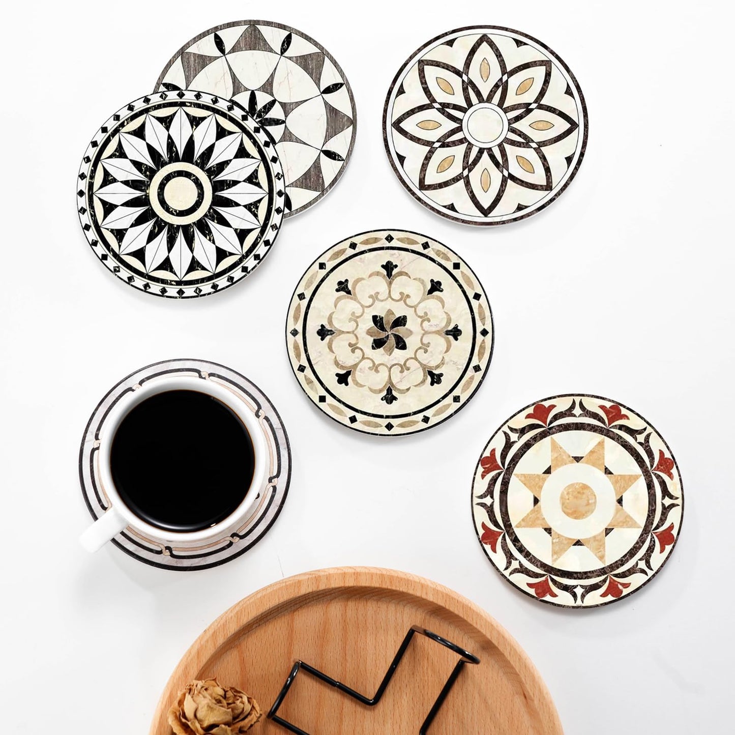 Baalaka Drink Coasters Set of 6 with Holder, Ceramic Absorbent Coaster for Drinks, Boho Coasters with Cork Base for Tabletop Protection, Coffee Table Decor 4 inches