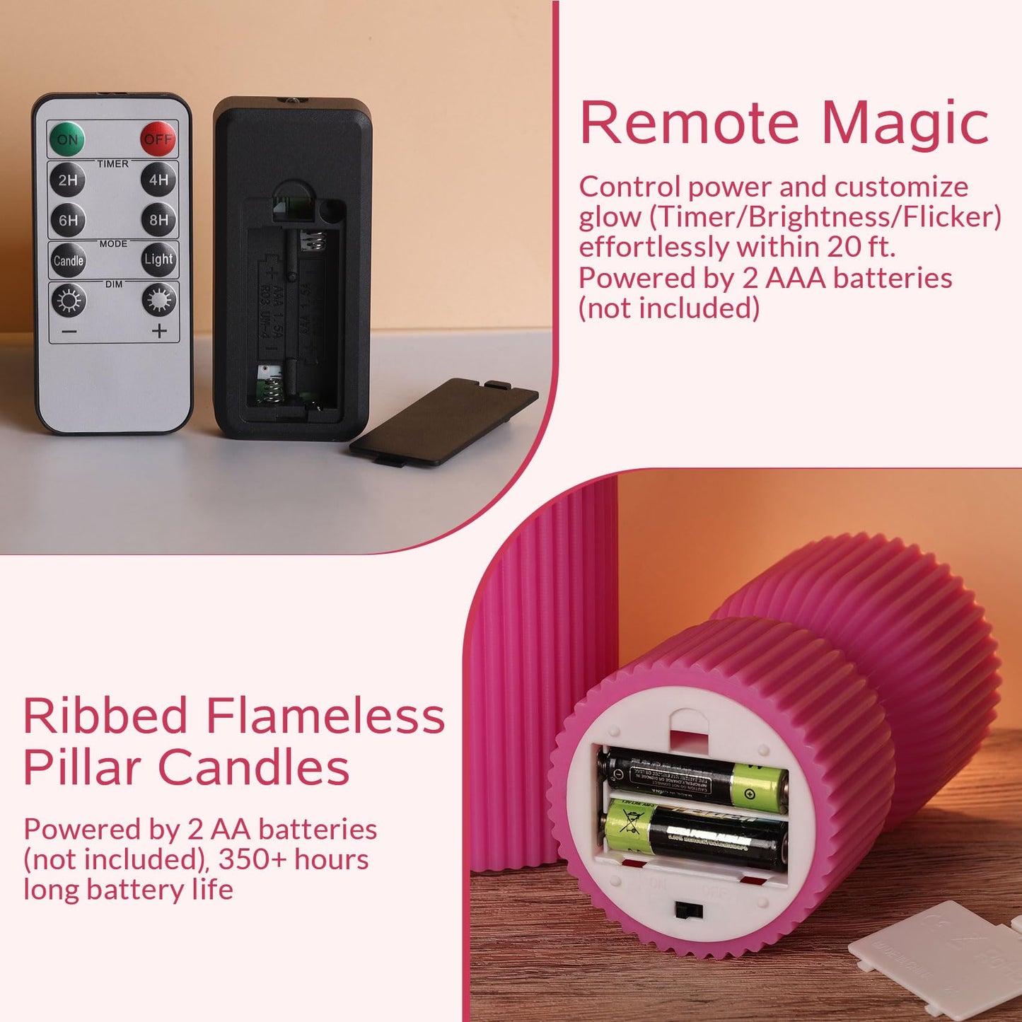Girimax Hot Pink Ribbed Flameless Pillar Candles with Remote, Real Wax Flickering Battery LED Candles Set of 2