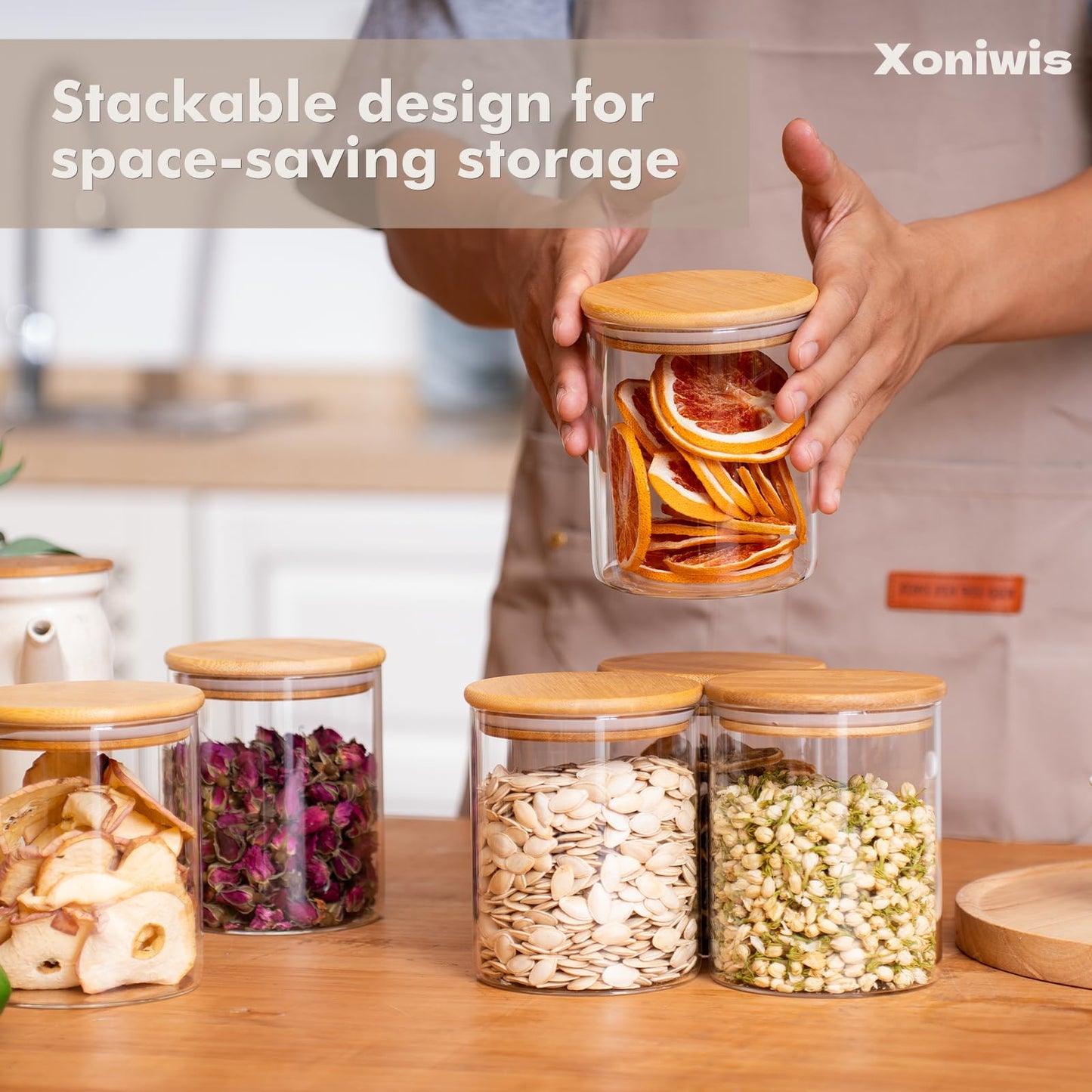 Xoniwis 6-Pack 0.8Qt Round Glass Storage Jars with Bamboo Lids
