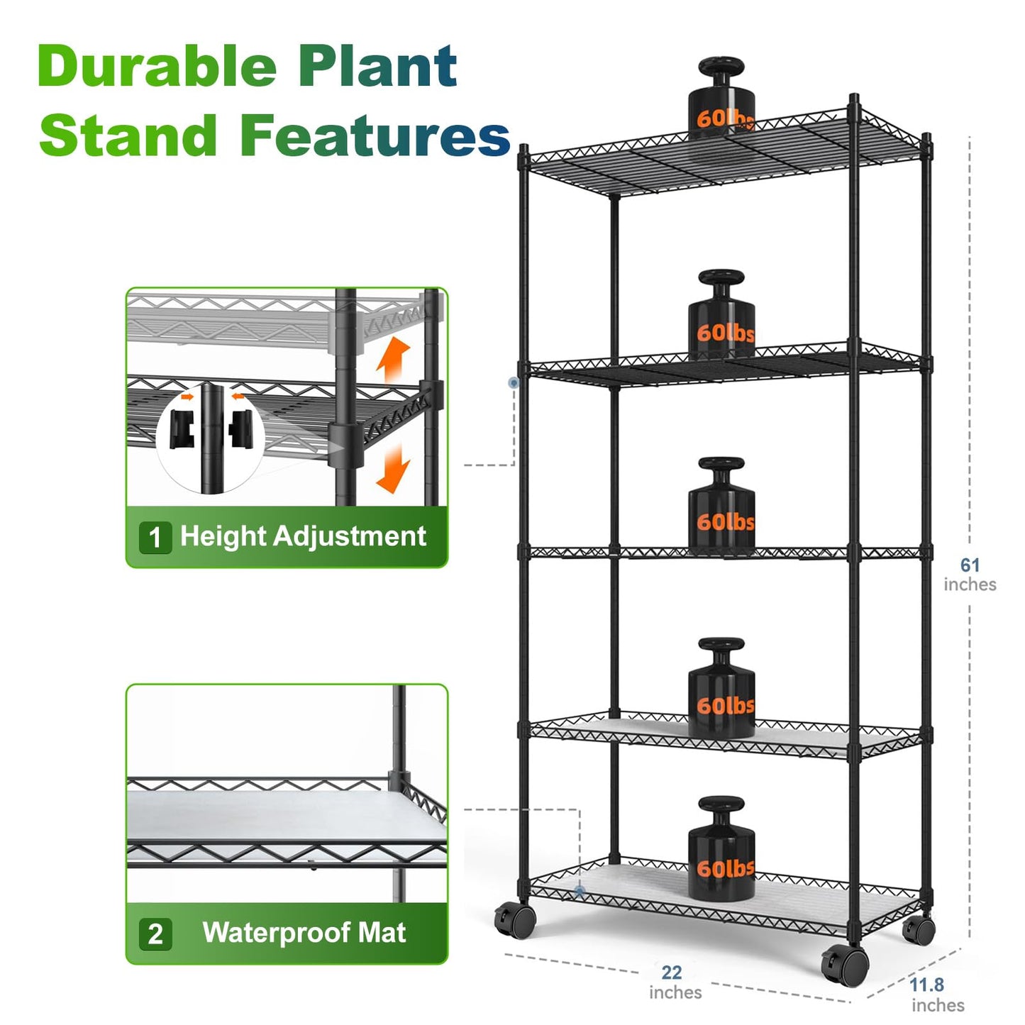 Indoor Greenhouse with Grow Light - 5 Tier DIY Plant Shelf with Cover, 4 Pack 48W Full Spectrum Grow Lights with Timer & 3 Color Mode for Indoor Plants, Seed Starting, Seed Tray 22x11.8x61 Inches
