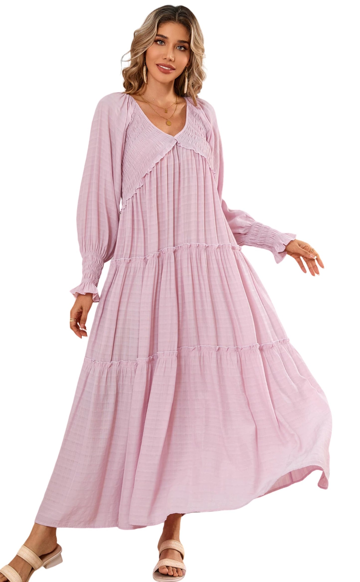 R.Vivimos Maxi Dress for Women Long Sleeve V Neck Empire Waist Layered Ruffle Boho Casual Flowy Long Dresses