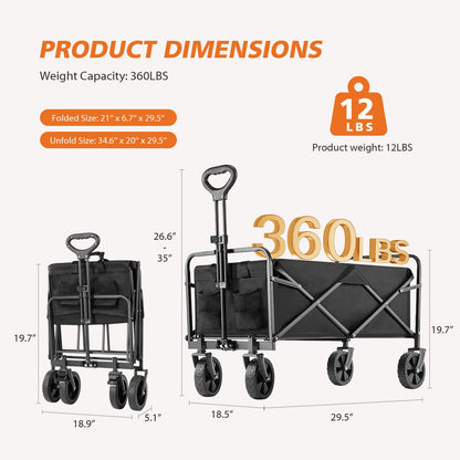 Sweetcrispy Collapsible Foldable Wagon Cart, Large Capacity Garden Beach Cart with All-Terrain Wheels, Heavy Duty Utility Grocery Wagon with Drink Holders for Shopping Sports Camping, Large Black