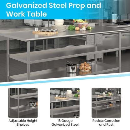 Flash Furniture Ravenel Stainless Steel 18 Gauge Work Table with 1.5" Backsplash and 2 Undershelves - 72"W x 30"D x 34.5"H, NSF