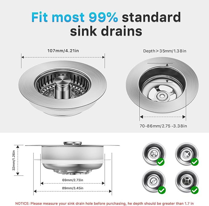 1S-Install Upgraded Kitchen Sink Strainer & Stopper – Pop-Up Fast Drain
