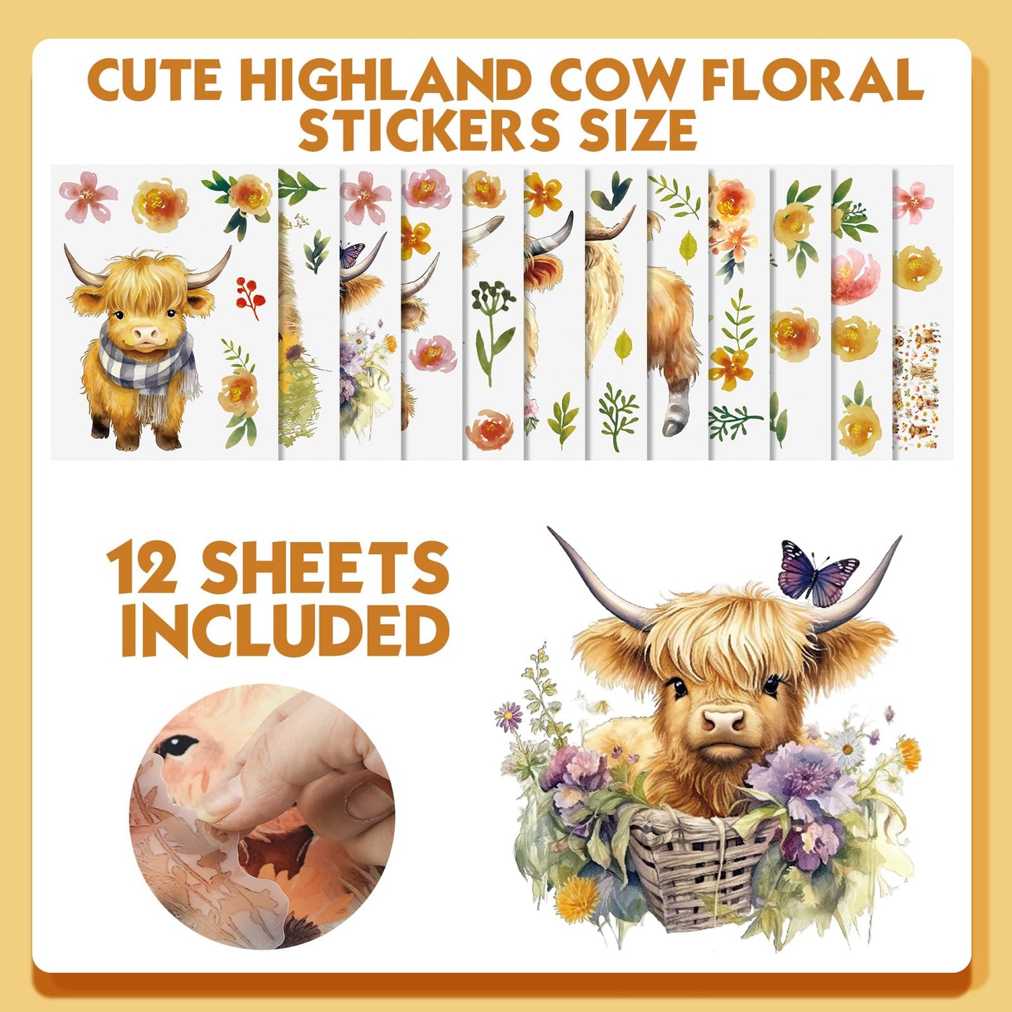 Yinder 12 Sheet 78 Pcs Highland Cow Wall Decals Baby Wall Stickers Cute Highland Cow Sticker for Kids Baby Room Bedroom Bathroom Classroom Living Room Nursery Decor