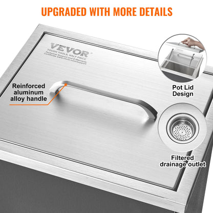 VEVOR Drop in Ice Chest, 14" L x 12" W x 18" H Stainless Steel Ice Cooler, Commercial Ice Bin with Cover, 40 qt Outdoor Kitchen Ice Bar, Drain-Pipe and Drain Plug Included, for Cold Wine Beer
