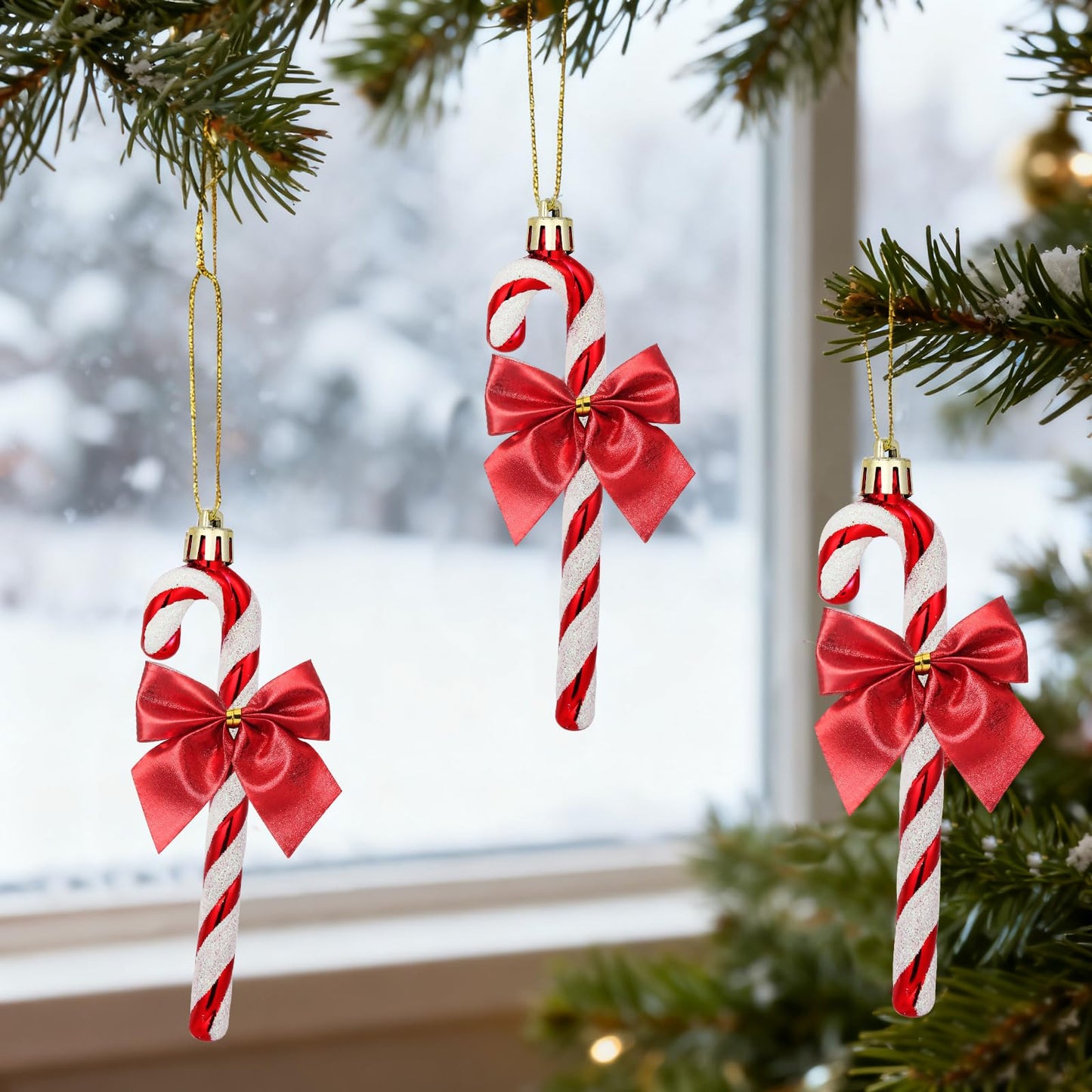 FYFLED Candy Cane Christmas Tree Decorations - 12 Pcs Candy Cane Ornaments for Tree, Glitter Candy Cane Bows for Xmas Tree Hanging Ornament Festival Party Home Decor, Red