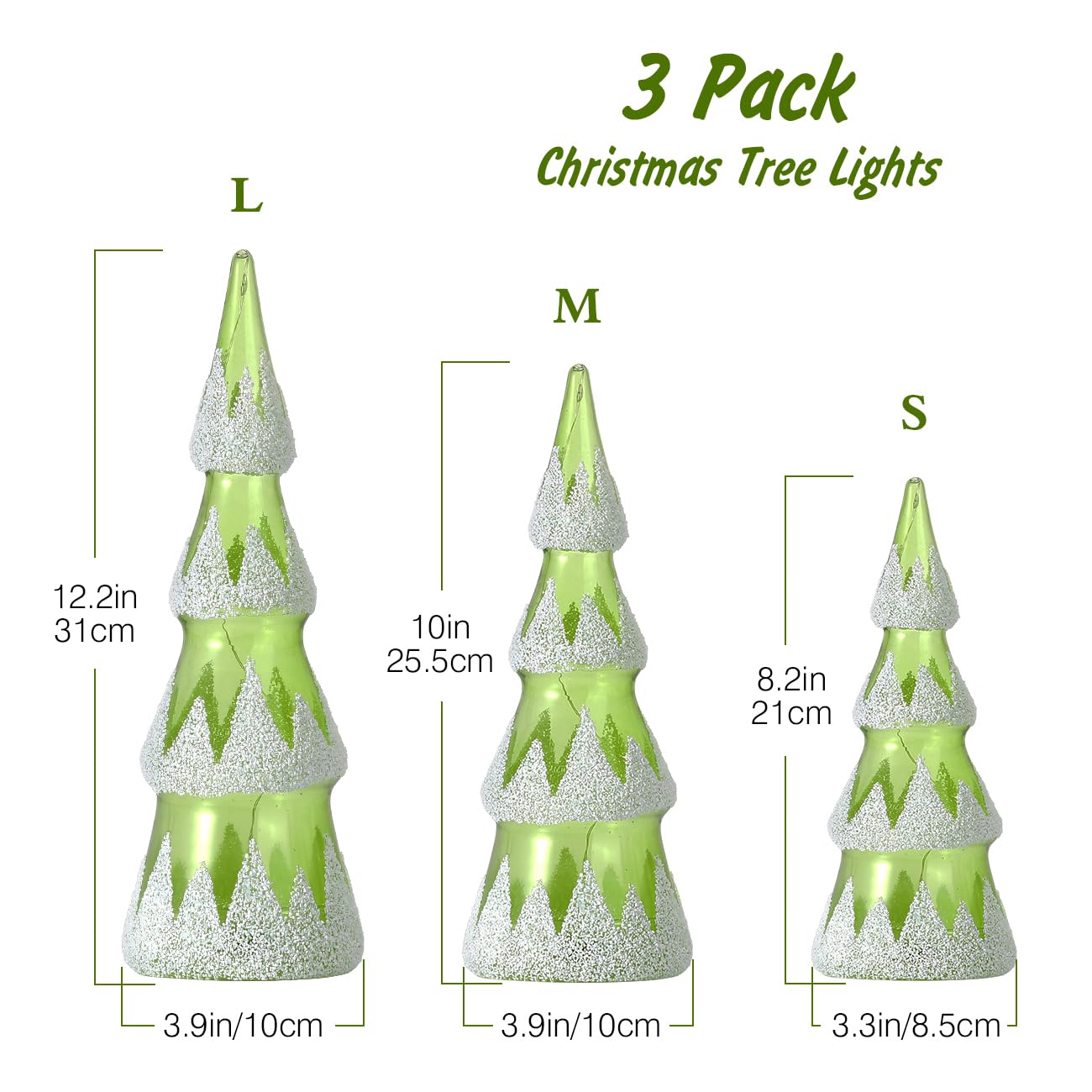 Lewondr LED Glass Christmas Tree Tabletop with Snow Cover Warm Yellow Light, 3 PCS 6H Timer Battery Operated Christmas Table Lamps Ornaments for Xmas Table Decorations Holiday Season Decor, Green