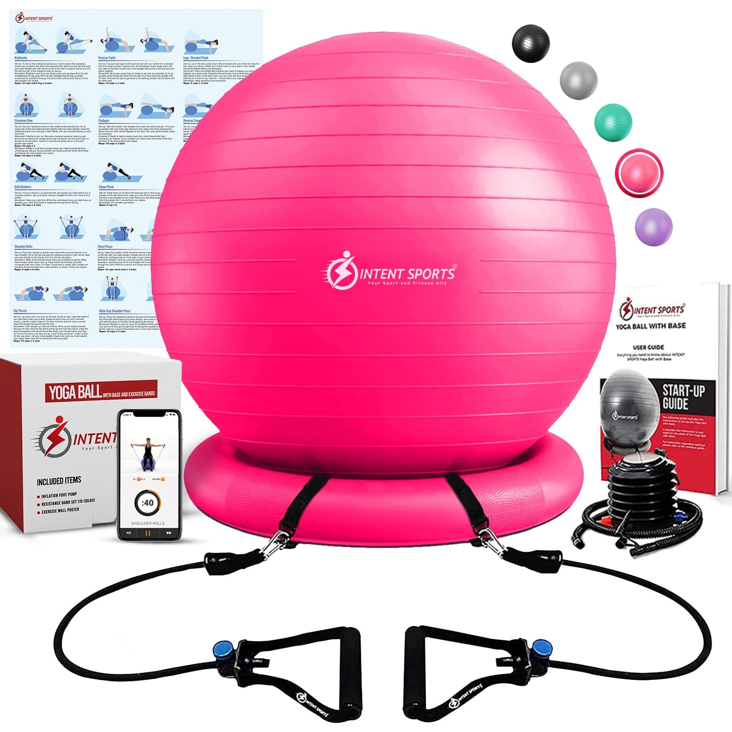 INTENT SPORTS Yoga Ball Chair – Stability Ball with Inflatable Stability Base & Resistance Bands, Fitness Ball for Home Gym, Office, Improves Back Pain, Core, Posture & Balance (65 Cm)