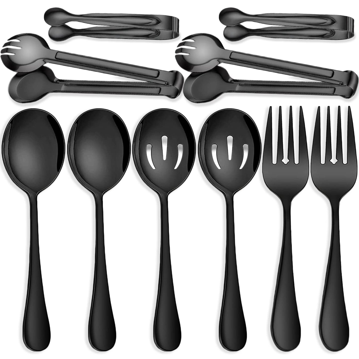 IAXSEE 10 PCS Stainless Steel Serving Utensils, Large Serving Spoons Slotted Spoons, Serving Forks, Serving Tongs, Ice Suger Tongs, Metal Utensils Set Great for Buffet Catering Banquet Party (Black)