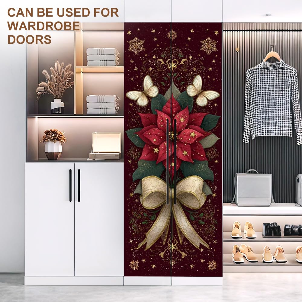 Elegant Poinsettia Door Mural Peel and Stick - Red Floral Holiday Door Covers Decorative with Golden Bow & Stars, Self-Adhesive Sticker for Door, 30.31 x 78.74 Inch