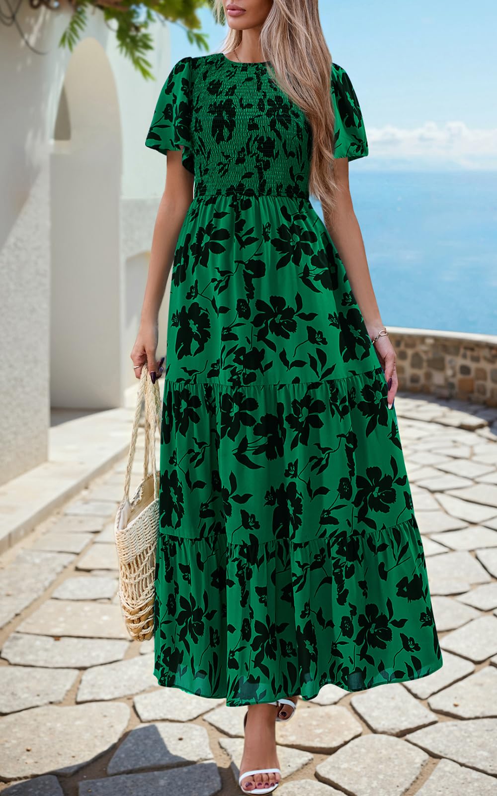 PRETTYGARDEN Women's 2025 Summer Casual Flutter Short Sleeve Boho Floral Maxi Dress Crew Neck Smocked Tiered Long Dresses