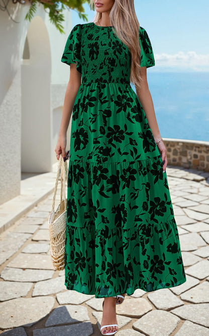 PRETTYGARDEN Women's 2025 Summer Casual Flutter Short Sleeve Boho Floral Maxi Dress Crew Neck Smocked Tiered Long Dresses