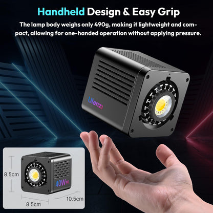 ULANZI 40W Pro RGB Portable LED Video Light w DC Power Adapter, 3400mAh Build-in Battery Metal Mini Adjustable Color Temperature COB Continuous Output Lighting Handheld Spotlight 2500K-6500K for Video