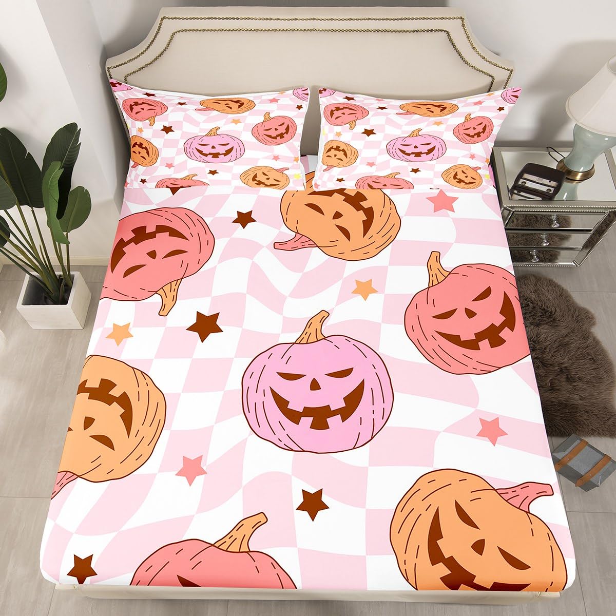 Feelyou Pink Halloween Bed Sheets Set Full Size Halloween Decor Bed Set for Kids Boys Girls Pumpkin Deep Pocket Fitted Sheet Trick or Treat Breathable Soft Lightweight Microfiber