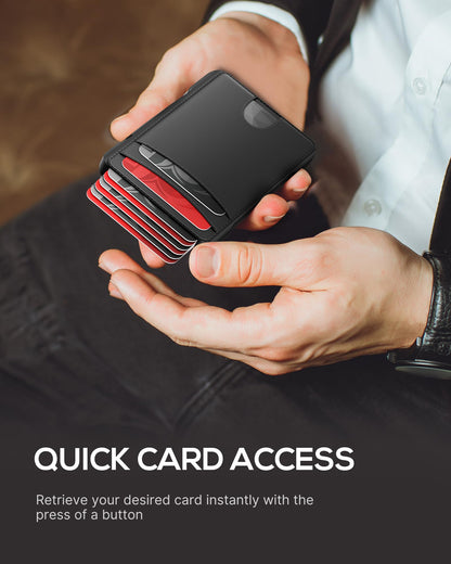 Taykos Minimalist Mens Wallet Card Holder: Pop Up Card Case, Genuine Leather, Smart, RFID Blocking, Slim, Thin, Front Pocket, Gift Box - 9-12 Card Capacitiy, Cash Pocket (Black)