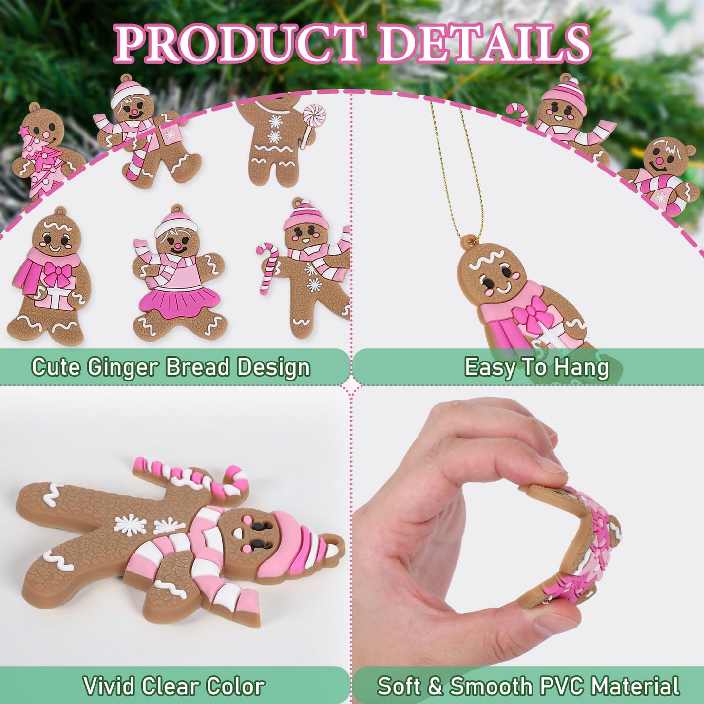 JarThenaAMCS 18Pcs Christmas Hanging Ornament Pink Gingerbread Candy Cane Pendant Charm Cute Tree Wall Hanging Decoration for Xmas Winter Party Supplies