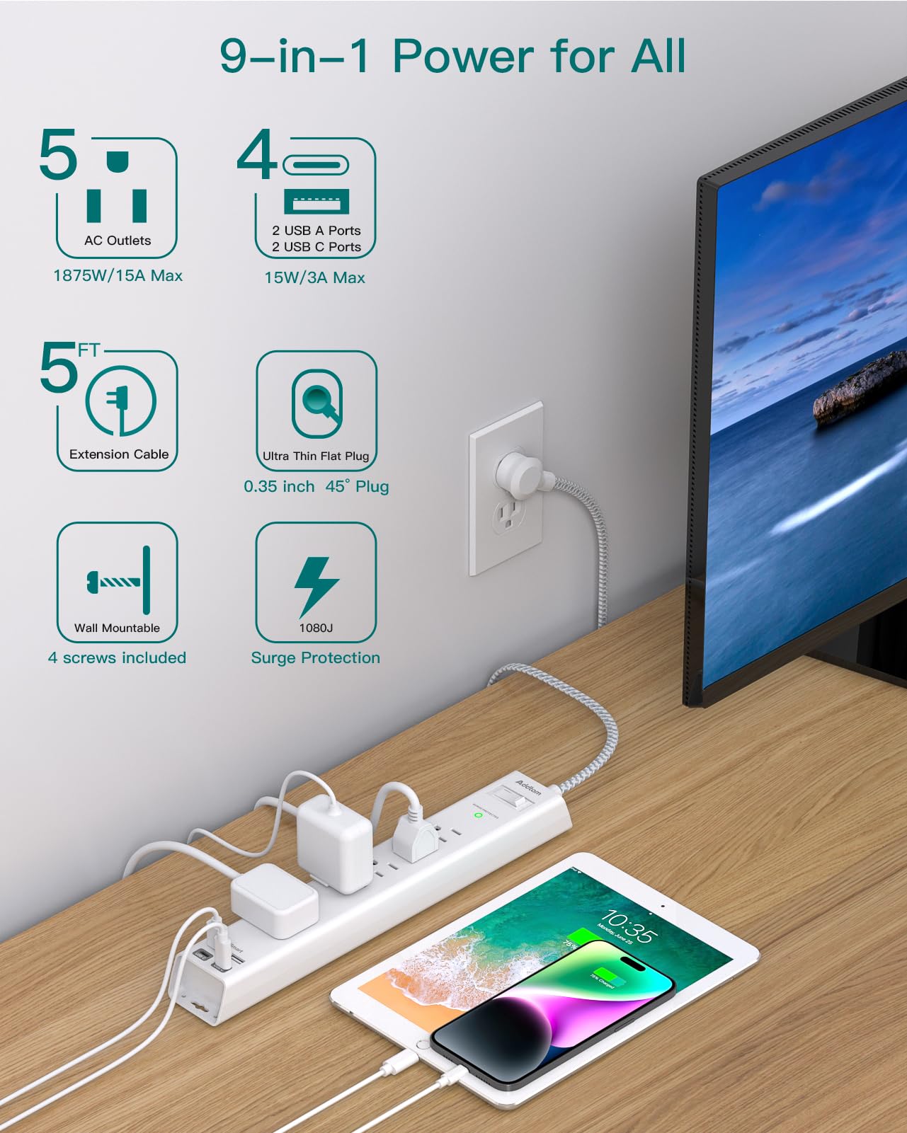 2 Pack Power Strip Surge Protector - 5 Widely Spaced Outlets 3 USB Charging Ports, 1875W/15A with 5Ft Braided Extension Cord, Flat Plug, Overload Surge Protection, Wall Mount for Home Office,White