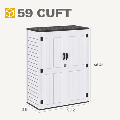 DWVO 59 Cu. Ft. Vertical Storage Shed, Weatherproof Outdoor Tall Cabinet with Double-Wall Panels and Floor, Lockable Resin Shed for Garden, Garage, Patio, Light Gray (Shelves Not Included)