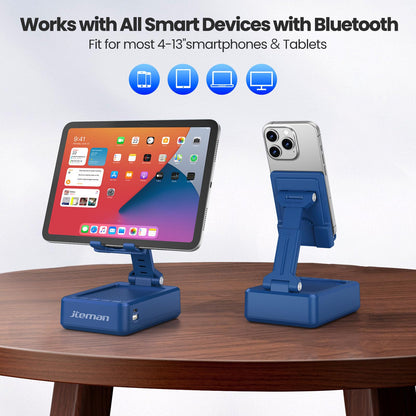 JTEMAN Cell Phone Stand with Bluetooth Speaker,HD Sound Adjustable Phone Holder,Birthday Gifts for Men Women, Cool Tech Kitchen Gadgets for Most Phones and Tablets-Blue
