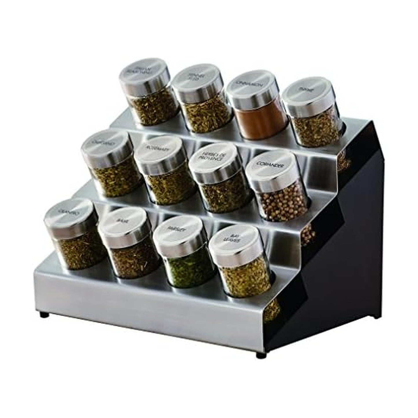 Kamenstein 20 Jar Revolving Countertop Spice Rack with Spices Included, FREE Spice Refills for 5 Years, Polished Stainless Steel with Black Caps, 30020