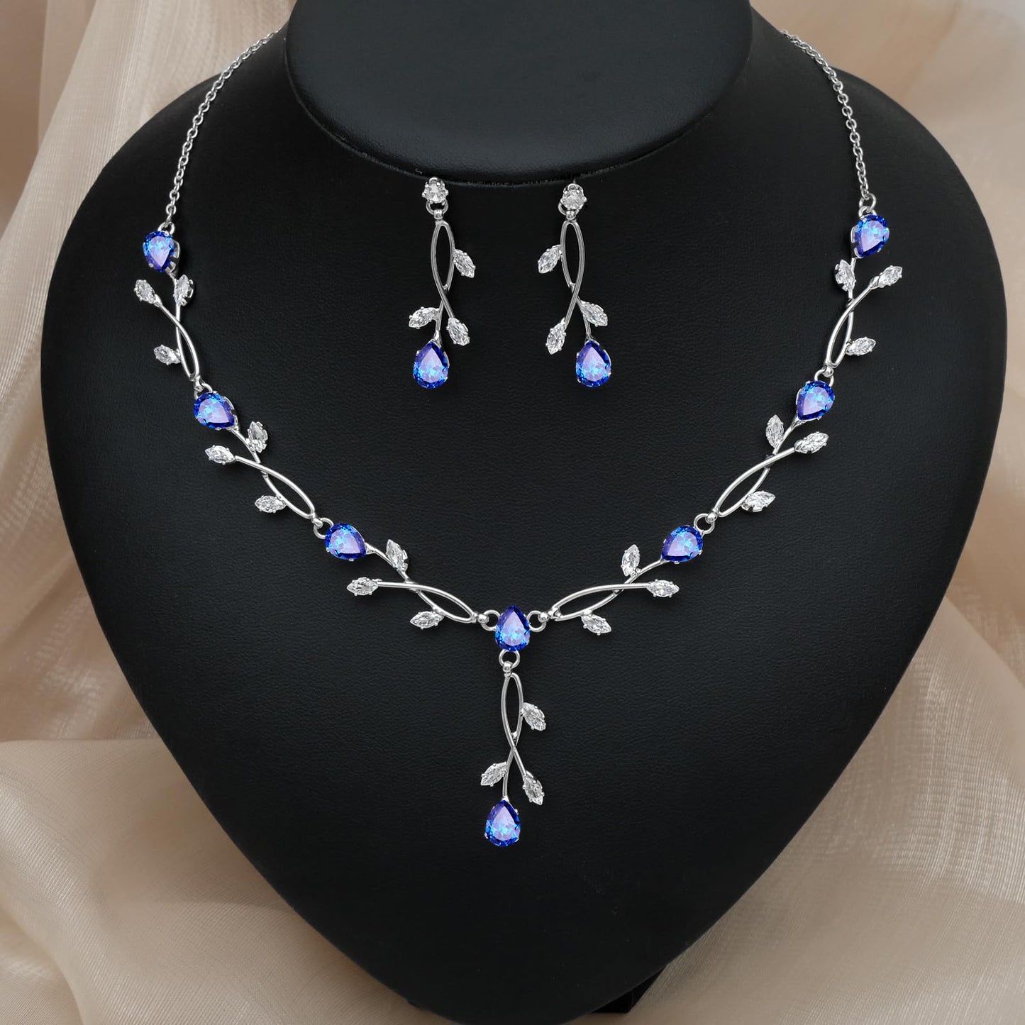CSY Elegant Bridal Jewelry Sets Clear Cubic Zirconia Wedding Necklace Earrings Bracelet Set for Birdes Bridesmaids CZ Prom Jewelry (Royal Blue-Necklace Earrings Bracelet)