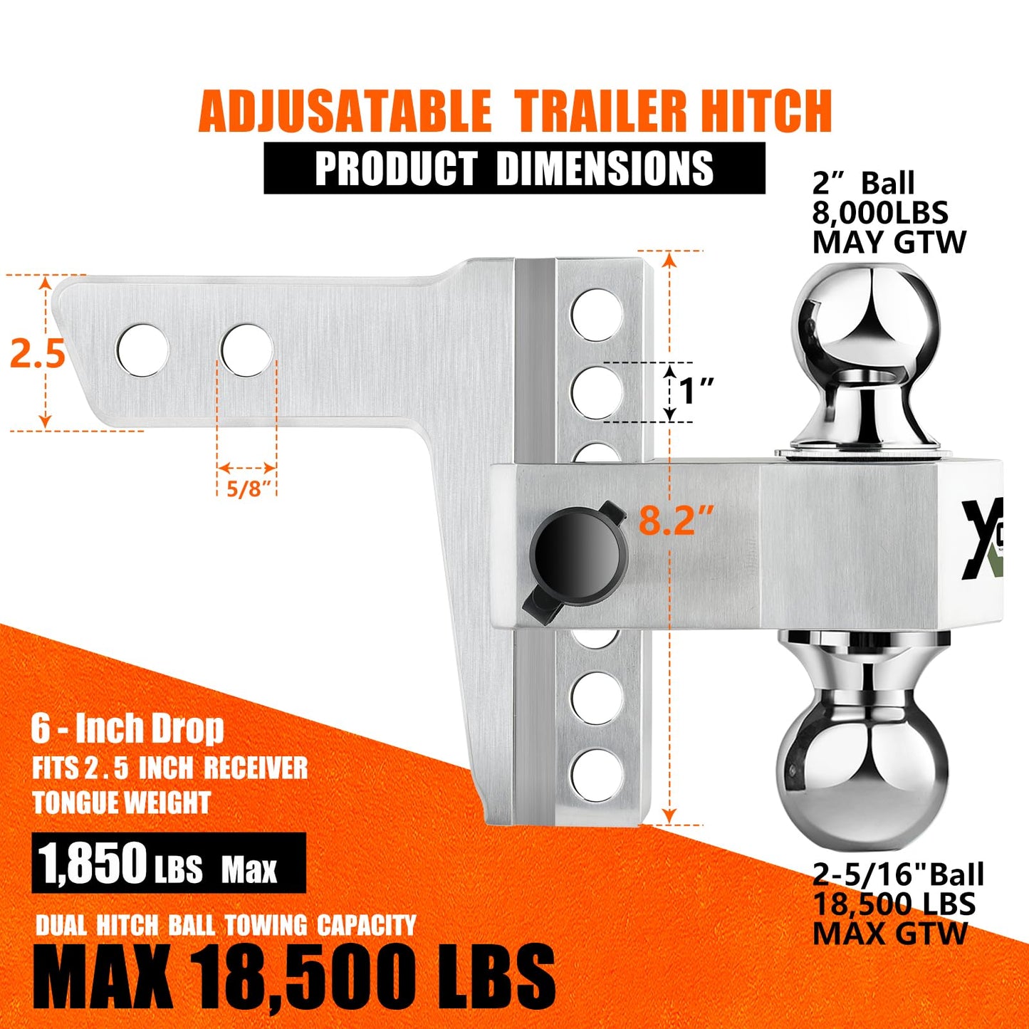 CAMPX Adjustable Trailer Hitch, 6-inch Drop Tow Hitch Fits 2.5-inch Receiver,2 and 2-5/16 inch Balls, 18,500 LBS,Solid Tube Hitch with Anti-Theft Pin, SLV