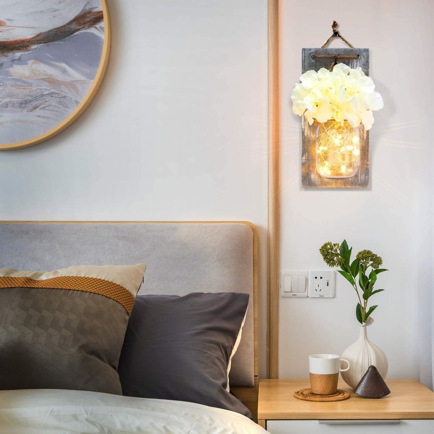 Lightess Mason Jar Wall Lights with Remote Control, Rustic Bedroom Wall Decor, Hanging Battery Powered Jar Sconce with LED Fairy Lights for Farmhouse Decor, SYA11 (Set of 2)