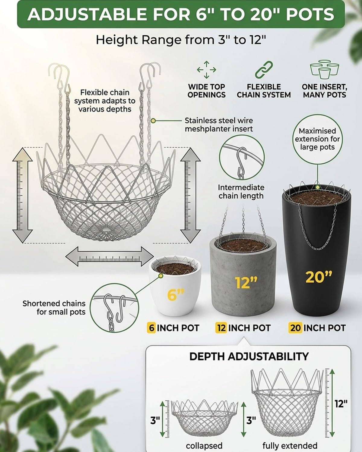 AIANR Adjustable Planter Insert, Stainless Steel Plant Riser with Adjustable Height Range, Fits Most Wide Top Pot Openings, Practical Liner Filler for Home Courtyard and Garden Container(1pc)