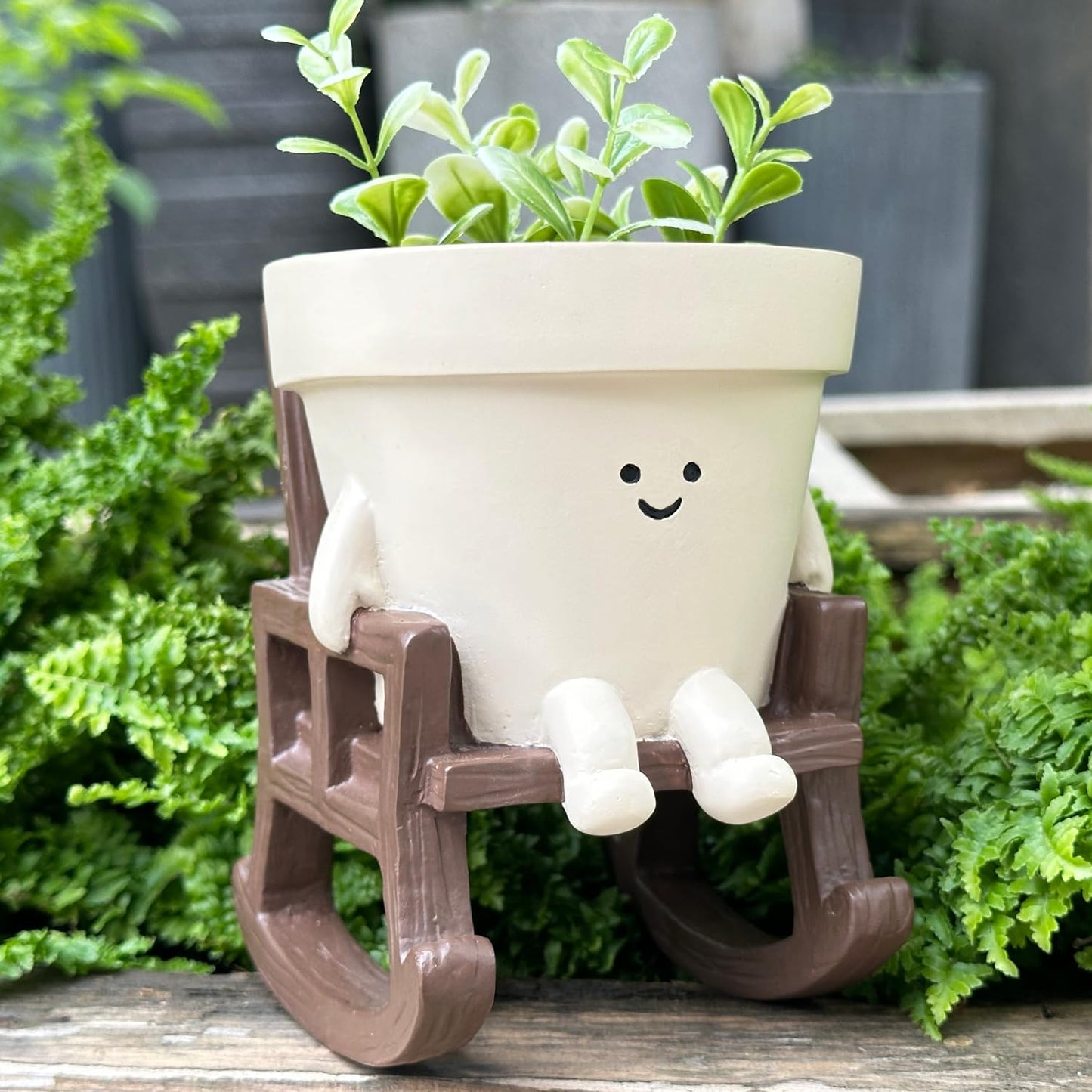 Cute Plant Pots Large Smily Face Planter Pot Resin Flower Head Planters for Indoor Outdoor Plants Unique Sit Rocking Chair Succulent Pot with Drainage Hole Best Gift for Mother and Plant Lovers