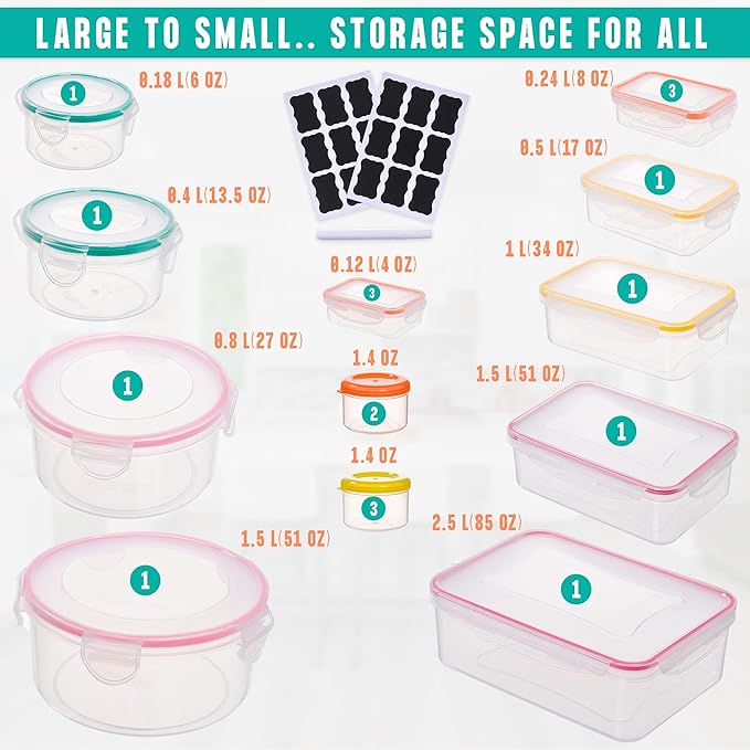38 Pcs Large Food storage containers-85 oz to Small Container Stackable Kitchen
