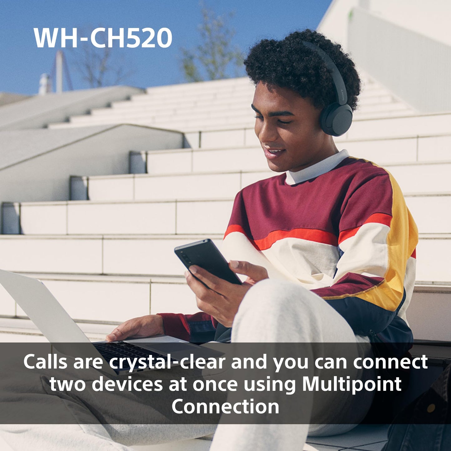 Sony WH-CH520 Wireless Bluetooth On-Ear Headphones, Lightweight Design, Up to 50hr Battery Life, Quick Charge, EQ, Clear Call Quality, iOS & Android - Black