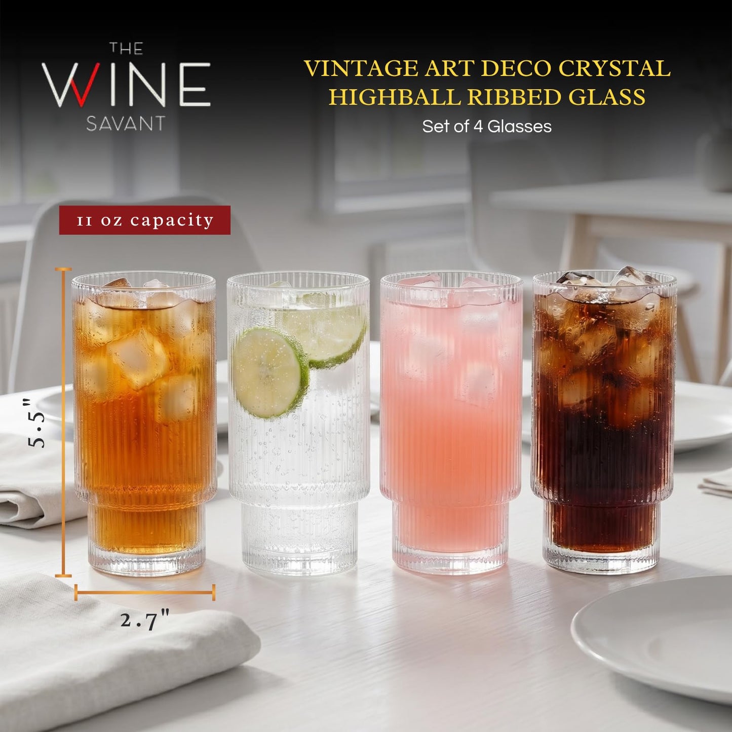 Vintage Art Deco Crystal Highball Ribbed Glass Set of 4 - Ripple, Collins Glassware 14oz Classic Crystal Cocktail Glasses Perfect for Water, Champagne, Beer, Juice, Tom Cocktails - Barware Tumblers