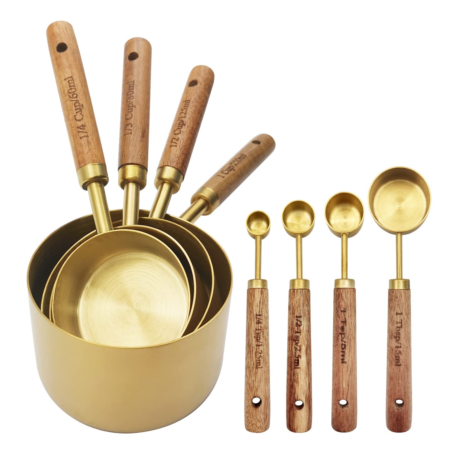 Zalaxt Gold Measuring Cups and Spoons Set with Fragrant Wood Handle, Measuring Cups, Metal Measuring Spoons and Measuring Cup Set for Cooking & Baking, Set of 8 pcs
