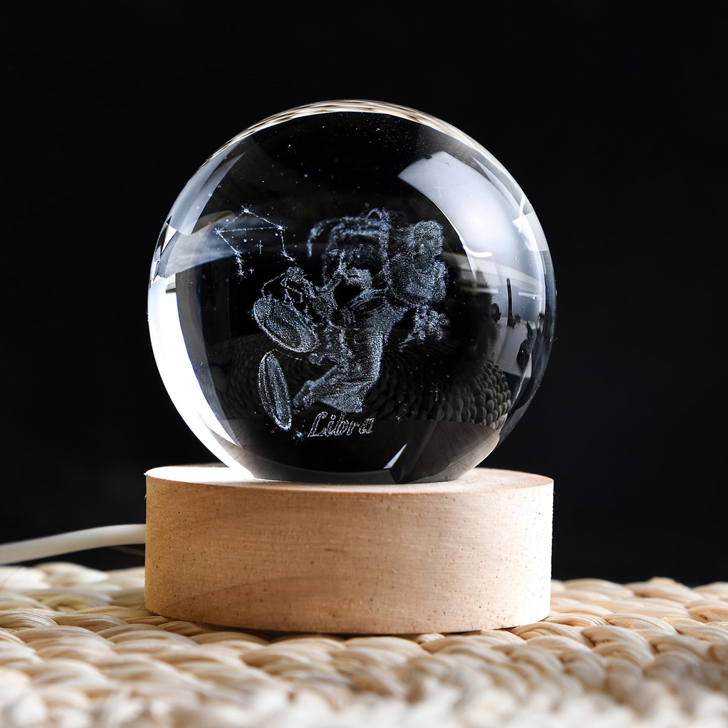 QIANCHANG 3D Laser Etched Libra Crystal Ball with LED Light Stand, Constellation Decor Glass Sphere Lamp, Zodiac Astrology Birthday Gifts for Women Kids