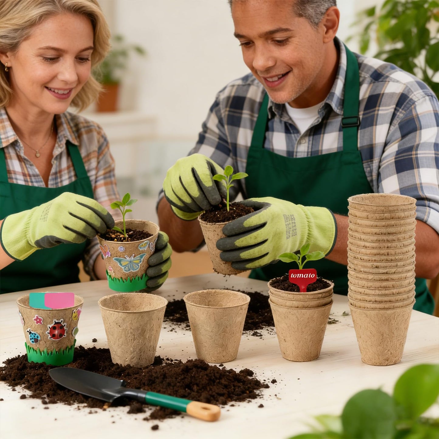 NNG 20 Set Garden Paper Pot Craft Kit,20Pcs Round Paper Mache Pots Peat Plant Pots with 200pcs Adhesive Foam Stickers & 20Pcs Pots Labels,Flower Plant Spring Craft for DIY Flower Planting