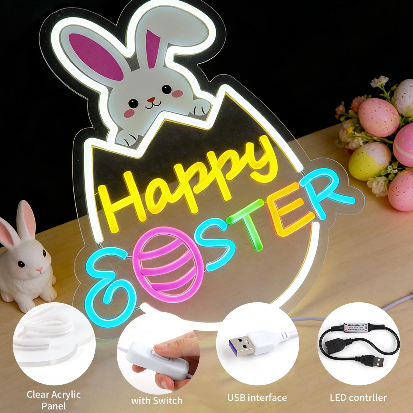 RumonZS Easter Decorations LED Neon Sign 15 In Happy Easter Neon Sign LED Rabbit Egg Window Lights Home Party Indoor Outdoor Wall Bunny Decor Light Up Sign for Bedroom Easter Birthday Party Decor