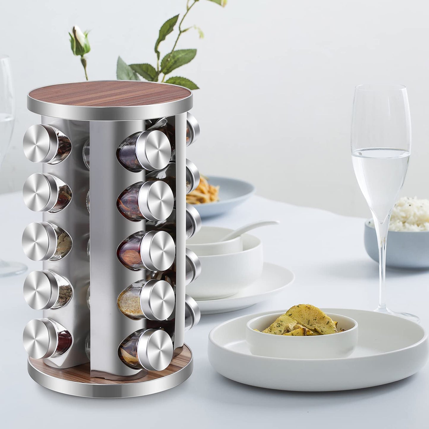 WAYDA Rotating Spice Rack Organizer, 20 Jars Revolving Seasoning Organizer for Cabinet, Stainless Steel Spice Tower for Kitchen Countertop with Reuseable Labels and Funnel