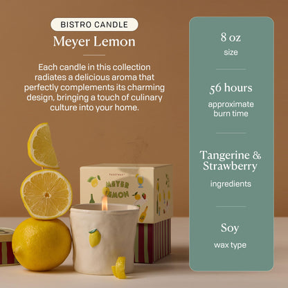 Paddywax Bistro Hand Painted Scented Candle in Ceramic Reusable Food-Safe Jar with Gift Box, Soy Candle with Approx. 56 Hour Burn Time, Meyer Lemon, 8 oz