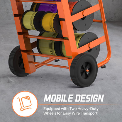 Wire Spool Rack Cable Caddy,Portable Wire Rack Dispenser with Wheel, Automotive Wiring Storage, Multi-Spool Wire/Cable Dispenser, Electrical Wire Spool Holder Cart with Storage Tray (Orange)