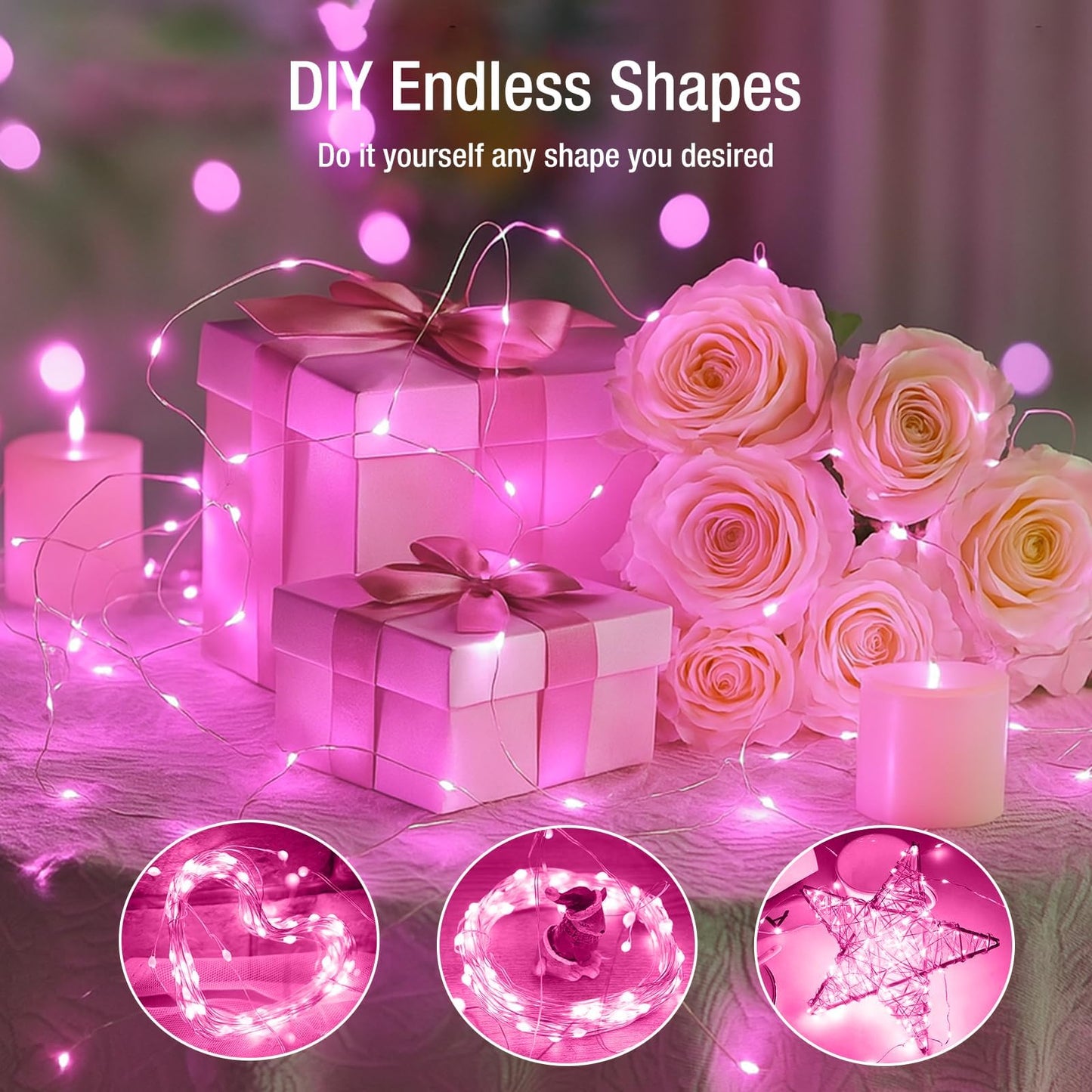 12 Pack Fairy Lights Battery Operated - 7ft 20 Led Twinkle Lights 3 Modes, Bulk Mini String Lights Waterproof for Mason Jars Vases DIY Party Wedding Decoration Valentines Day - Pink