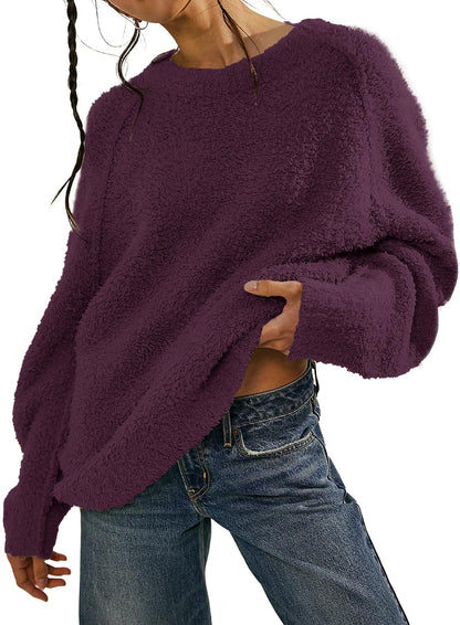 Beaully Women's Oversized Long Sleeve Crewneck Fuzzy Knit Warm Sweaters 2025 Fall Pullover Sweater Tops
