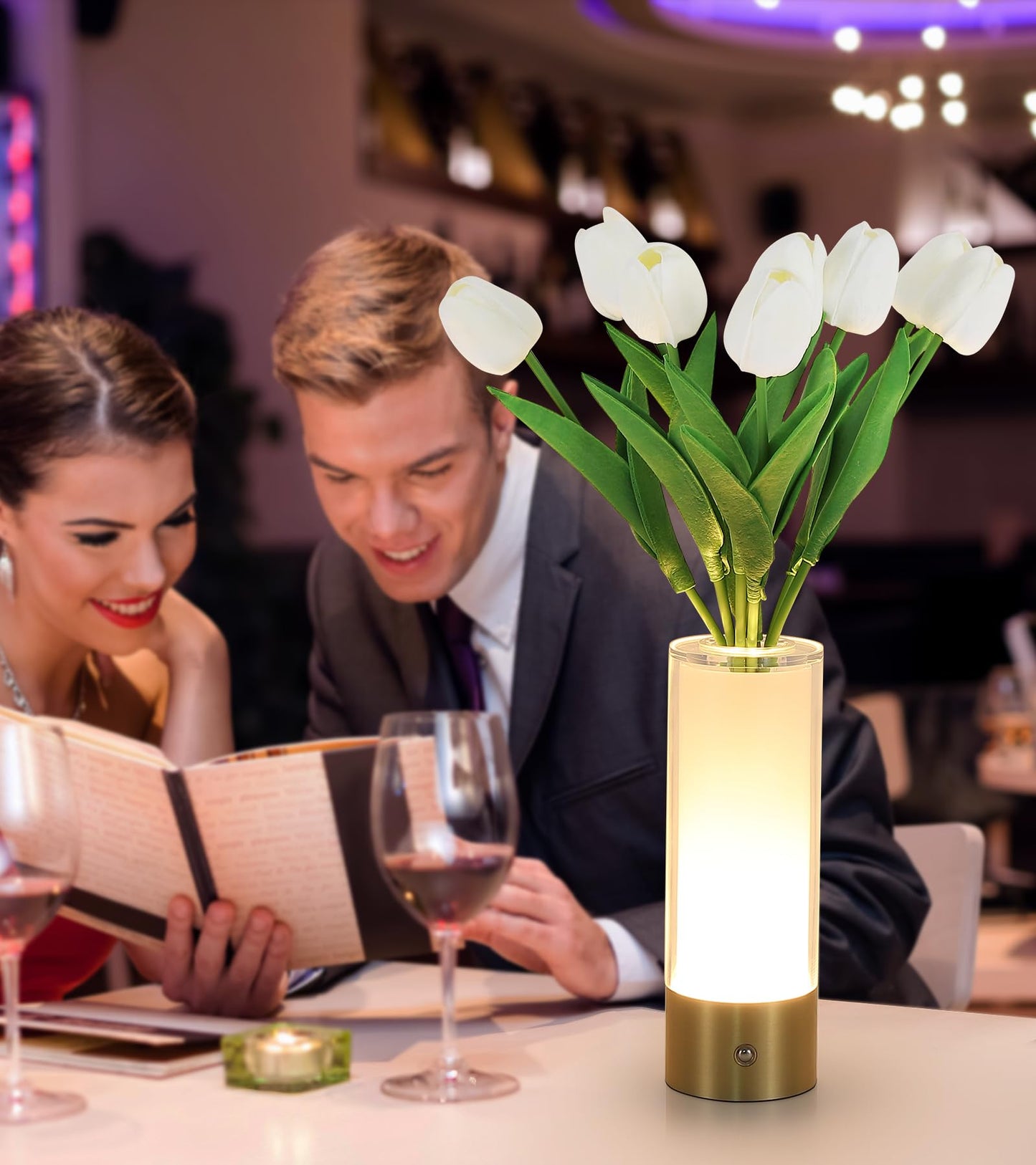 AIHYING Flower Night Light,Touch Vase Lamp,Rechargeable Cordless Table Lamp,Dimming Small Mood Lighting for Dining Table/Bed Room/Bathroom/Closet,Gifts for Women/Mom, Artificial Tulips Included
