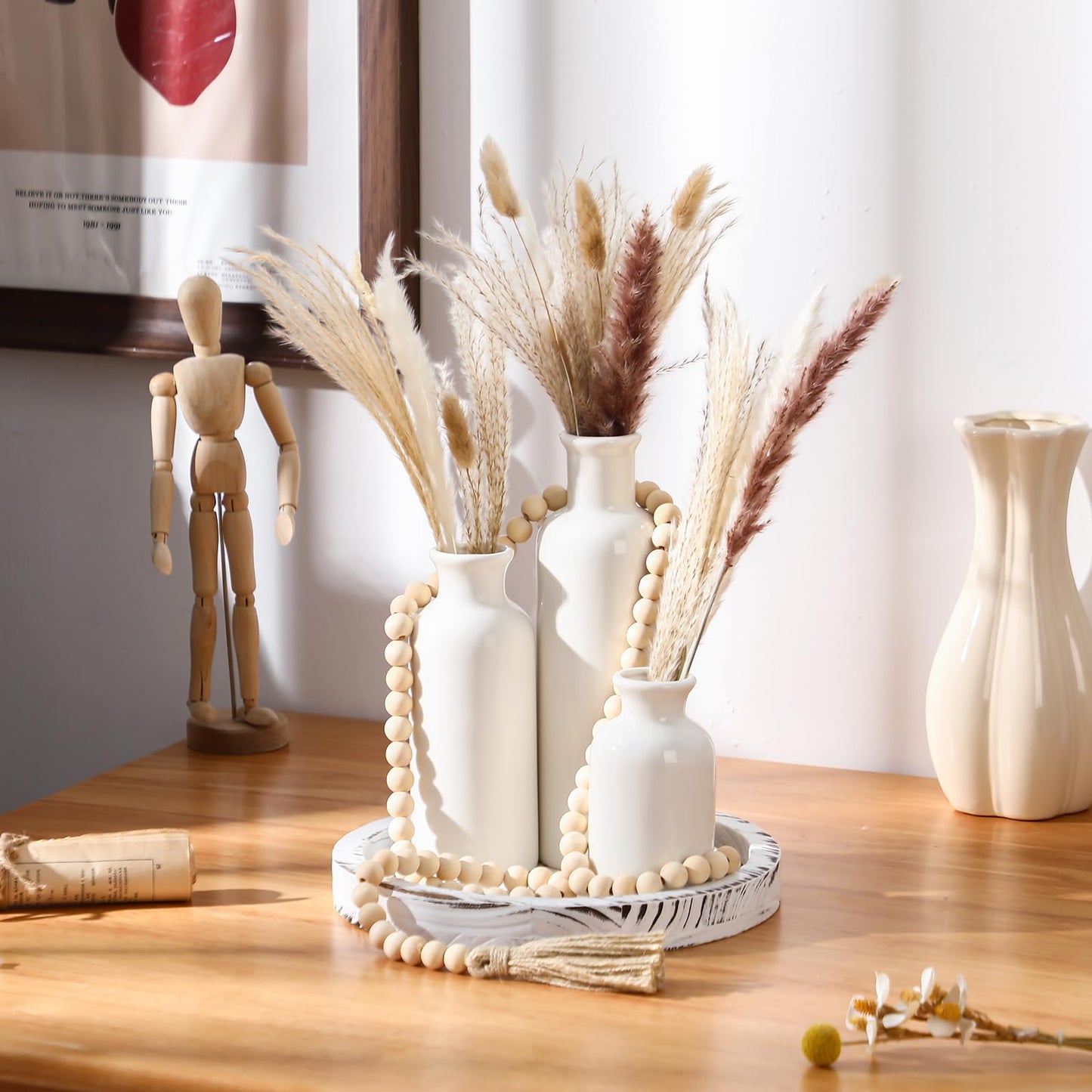 Tiangrid 5 Pcs Rustic Country Tabletop Centerpieces Decor Set of 3 Boho Ceramic Vases with Wooden Serving Tray Wood Bead Garland Tassels Table Holder for Home Decorations(White)